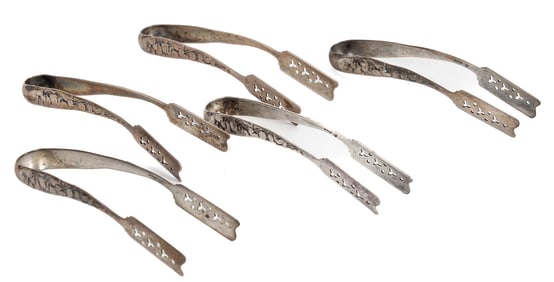 Five Antique Whiting American Sterling Silver Asparagus Tongs, 1888