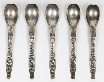 Five Antique Whiting American Sterling Silver "Blossom" Egg Spoons