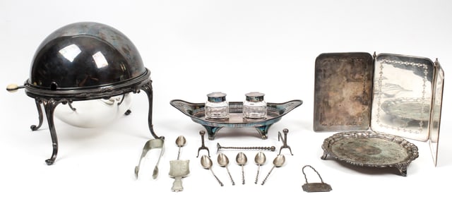 Silver Plated Items Incl. J.E. Caldwell Roll Top Food Warmer, Inkwell, Etc.