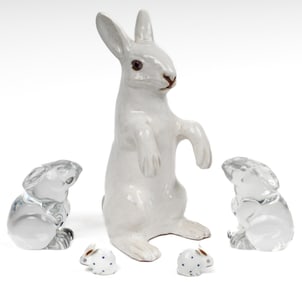 Rabbit Figurines Including Herend Porcelain, Baccarat Crystal, French Glass Eye Faience