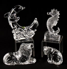 Four Waterford Crystal Figurines, Lion, Cat, Seahorse, Dolphins