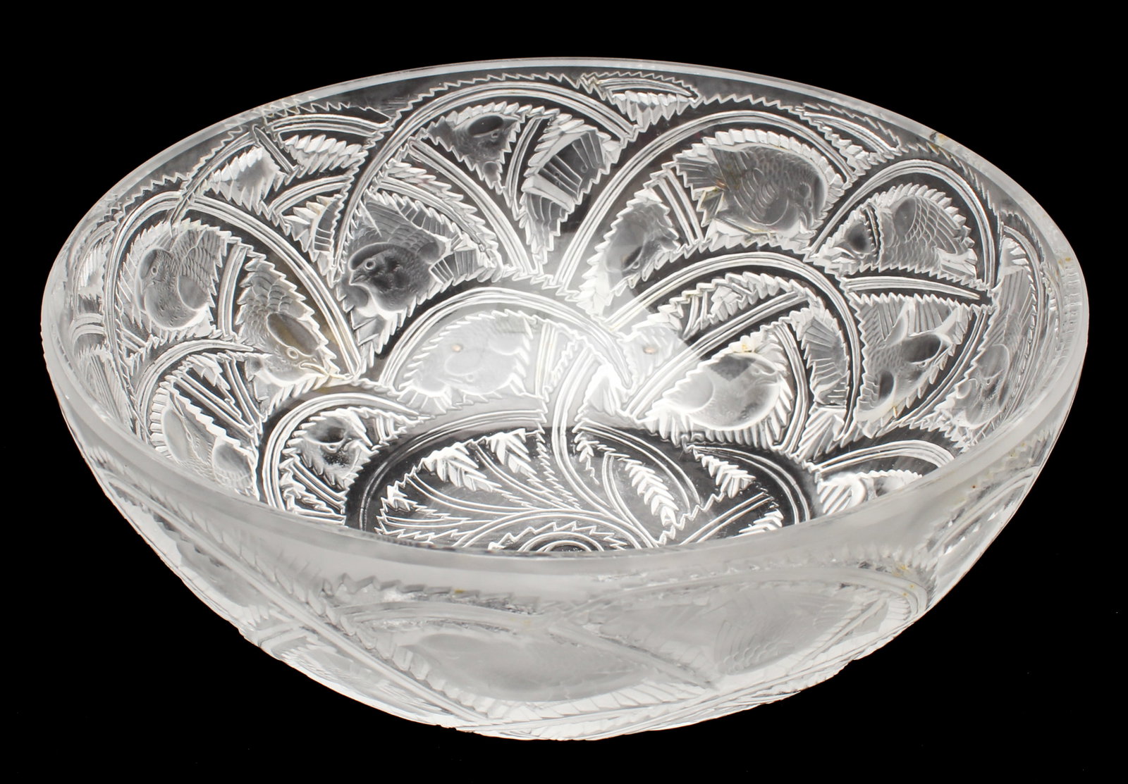 Lalique Crystal Pinsons Bowl: Description: A Lalique frosted crystal Pinsons or finches bowl. Type: Bowl Materials: Crystal, glass Markings & Inscriptions: Marked Date: Late 20th century Maker: Lalique Dimensions: 3.25" x 9.25". P