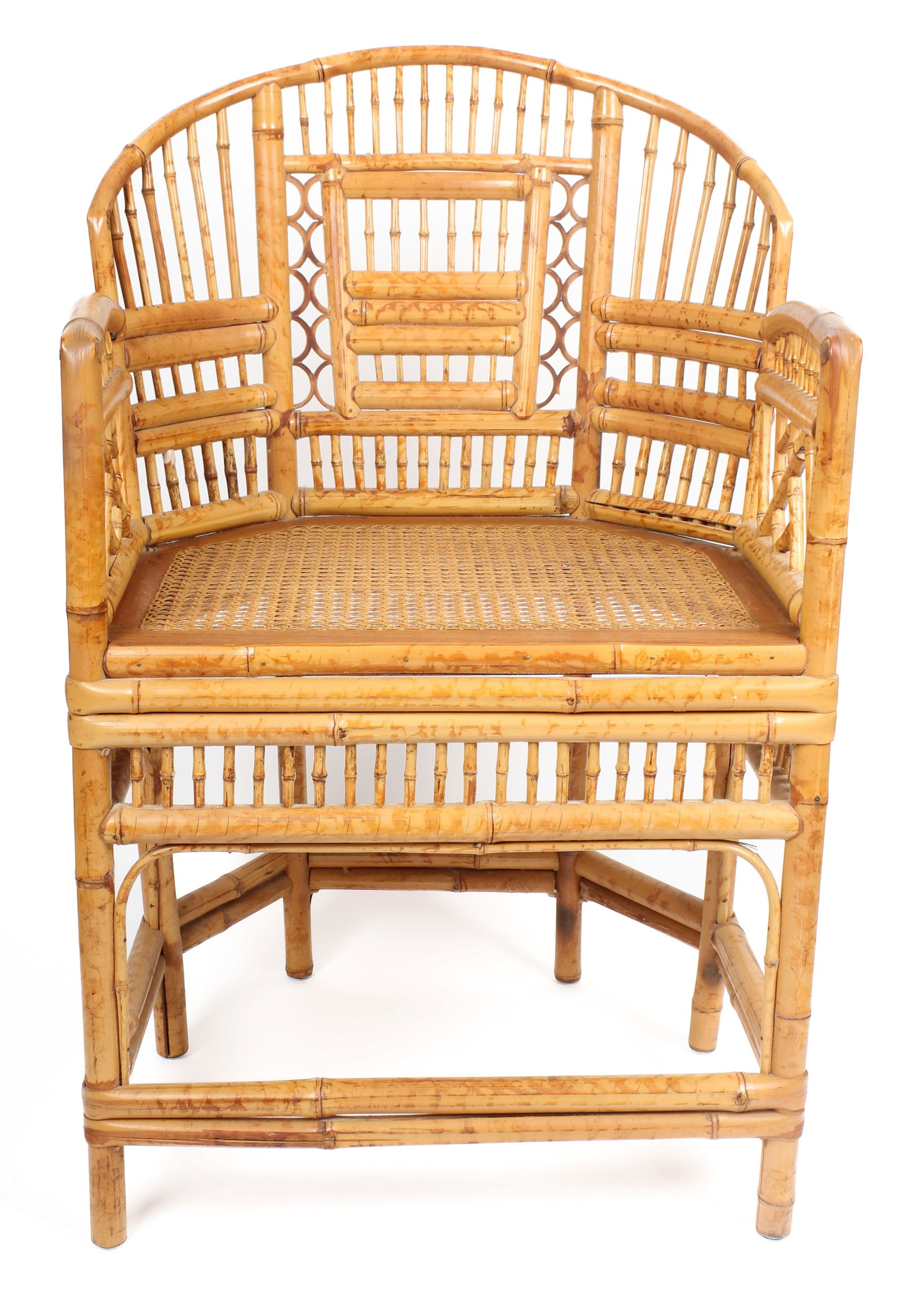Brighton Pavilion Style Bamboo Rattan Chair: Description: A bamboo / rattan chair in the Brighton Pavilion style, ca. 1970s.Type: ChairMaterials: BambooMarkings & Inscriptions: Unmarked Date: Mid to late 20th centuryMaker: Thomasville Dimensions