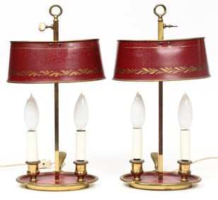 Two French Bronze Bouillotte Desk Lamps, Painted Tole Shades