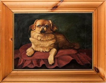 Antique English School Pekingese Dog Portrait Oil on Canvas Painting