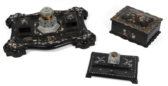 Victorian Papier Mache Mother of Pearl Inlaid Inkwells, Jewelry Box