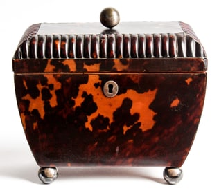 Antique English Regency Tortoise Shell & Silver Tea Caddy, Early 19th Century