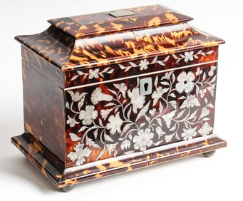 Antique English Georgian Tortoise Shell & Mother Of Pearl Tea Caddy, Early 19th Century