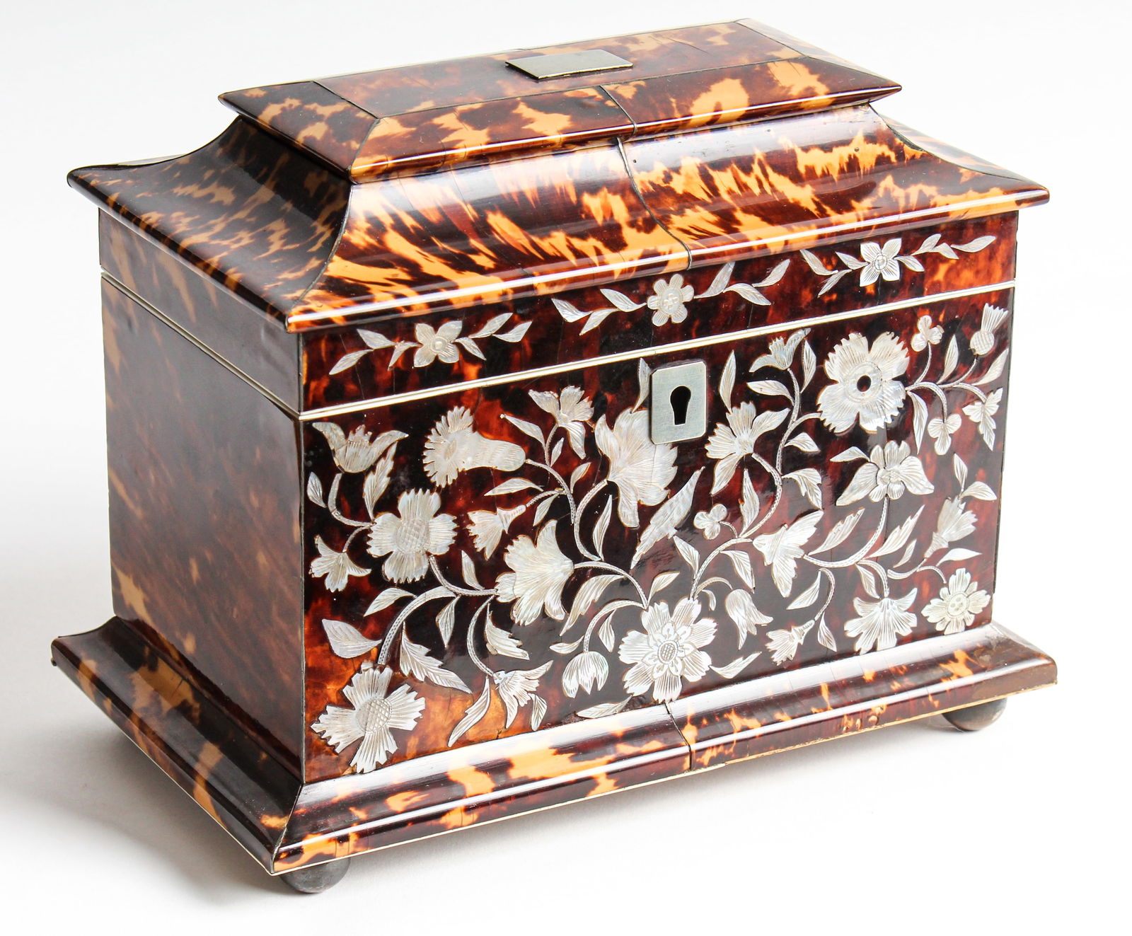 Antique English Georgian Tortoise Shell & Mother Of Pearl Tea Caddy, Early 19th Century (1 of 9)