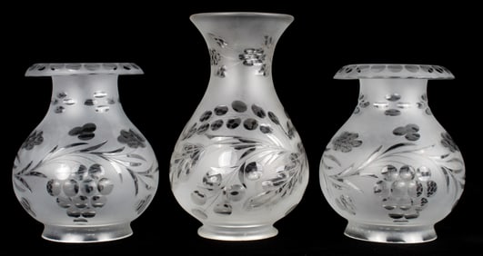 Three Vintage Astral Glass Lamp Shades, Incl. Pair, Frosted and Etched