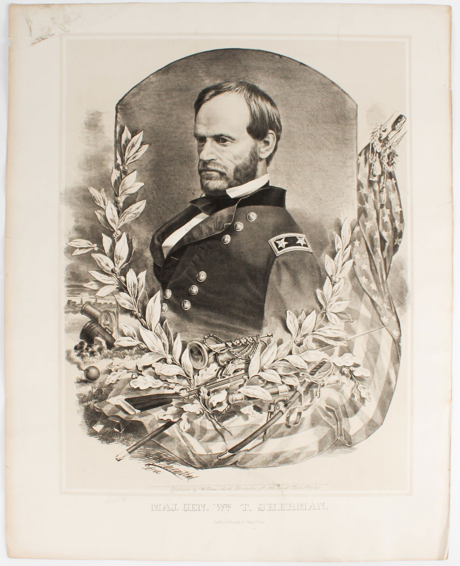 Maj. Gen. William T Sherman 1865 Lithograph, Louis Rosenthal, William Smith Pub.: Description: Printed by Louis Rosenthal after the engraving by Max Rosenthal, and published by William Smith, Philadelphia.Type: LithographMaterials: Paper Markings & Inscriptions: MarkedDate: 1865 Ma