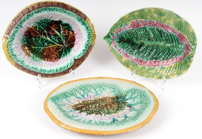 Three Large Antique Majolica Pottery Platters or Bowls, Leaf, Basket Weave etc.
