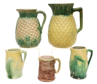 Five Antique Majolica Pottery Pitchers, Pineapple, Corn Cob, Basket Weave