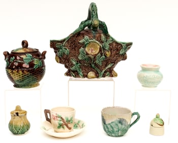 Seven Antique Majolica Pottery Articles, Cups, Bowls, Etc.