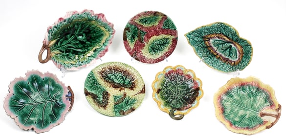 Seven Antique Majolica Pottery Articles, Plates, Bowls, Platters, Griffen, Smith & Hill Etruscan (2)