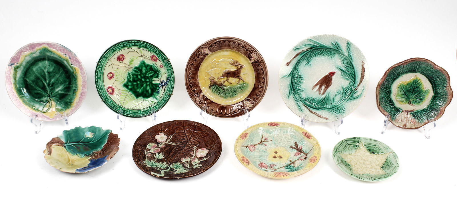 Nine Antique Majolica Pottery Plates and Bowls, Griffen, Smith & Hill Etruscan, Sarreguemines France (1 of 6)