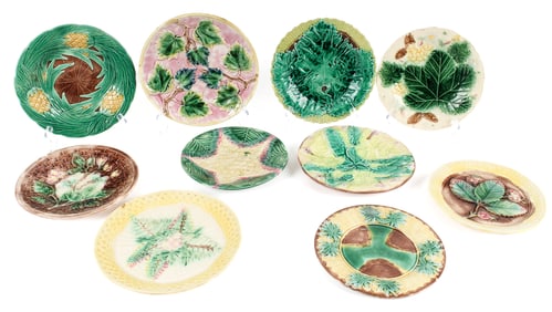Ten Antique Majolica Pottery Plates, Griffen Smith & Hill Etruscan etc.