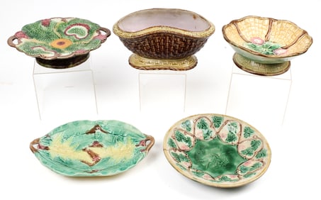 Five Antique Majolica Pottery Articles. Bowls, Platters, Planter. Griffen Smith & Hill Etruscan,
