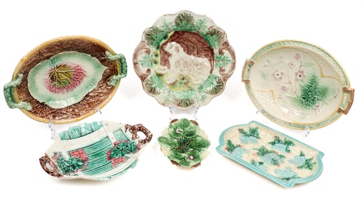 Six Antique Majolica Pottery Articles, Bowls, Plate, Ridgway Pottery