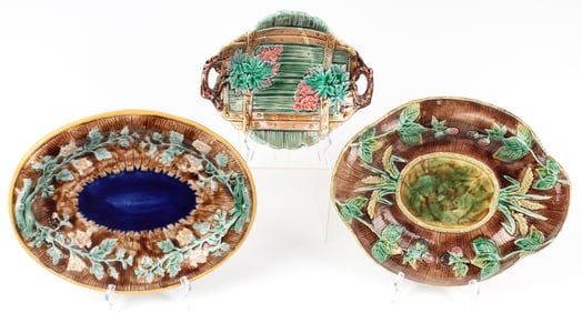 Three Antique Majolica Pottery Bowls or Platters, Grape Cluster and Vine, Raspberry and Wheat