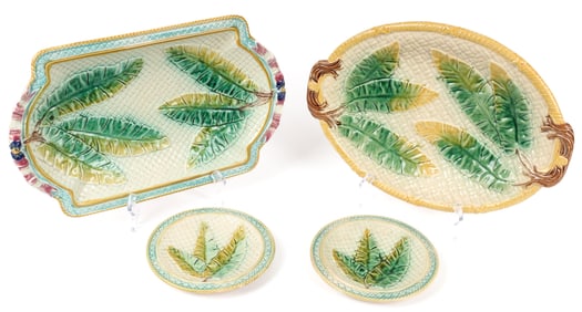 Four Antique Majolica Pottery Banana Leaf Design Articles, Bowl, Platter, Plates