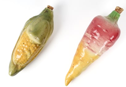 Two Antique Majolica Pottery Flasks, Corn Cob, Turnip