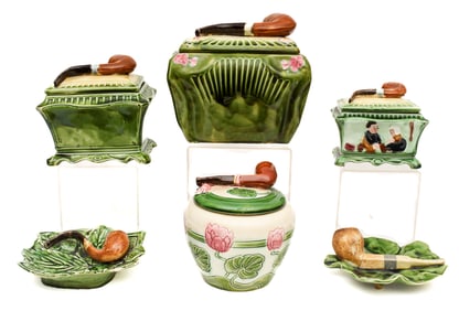 Six Antique Majolica Pottery Pipe Humidors And Ashtrays