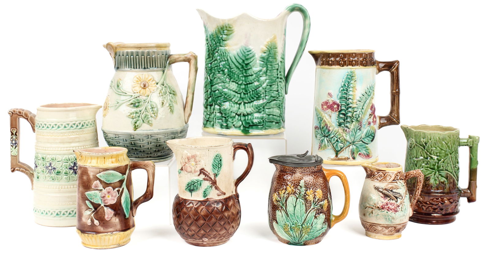 Nine Antique Majolica Pottery Pitchers Incl. Griffen, Smith & Hill Etruscan (1 of 8)