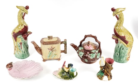 Five Antique Majolica Pottery Bird Motif Articles, Two Vintage Pottery Phoenix Bird Sculptures