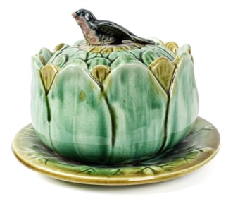 Antique Majolica Pottery Artichoke and Bird Lidded Dish Attr. Thomas Forester, Phoenix Works,