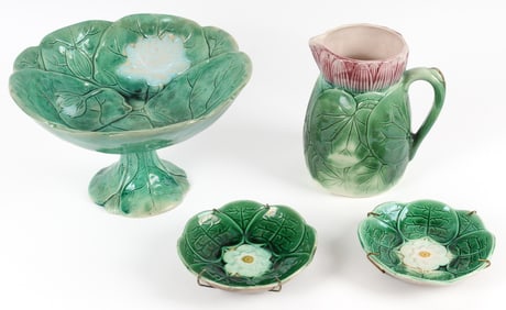Four Antique Majolica Pottery Lily Pond / Lily Pad Articles, Pitcher, Center Bowl Attr. J Holdcroft