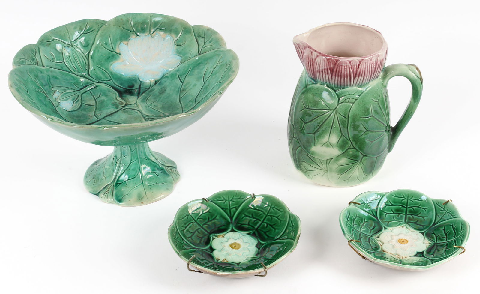 Four Antique Majolica Pottery Lily Pond / Lily Pad Articles, Pitcher, Center Bowl Attr. J Holdcroft (1 of 8)