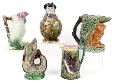 Five Vintage and Antique Majolica Pottery Pitchers, Parrot, Monkey, Fish etc