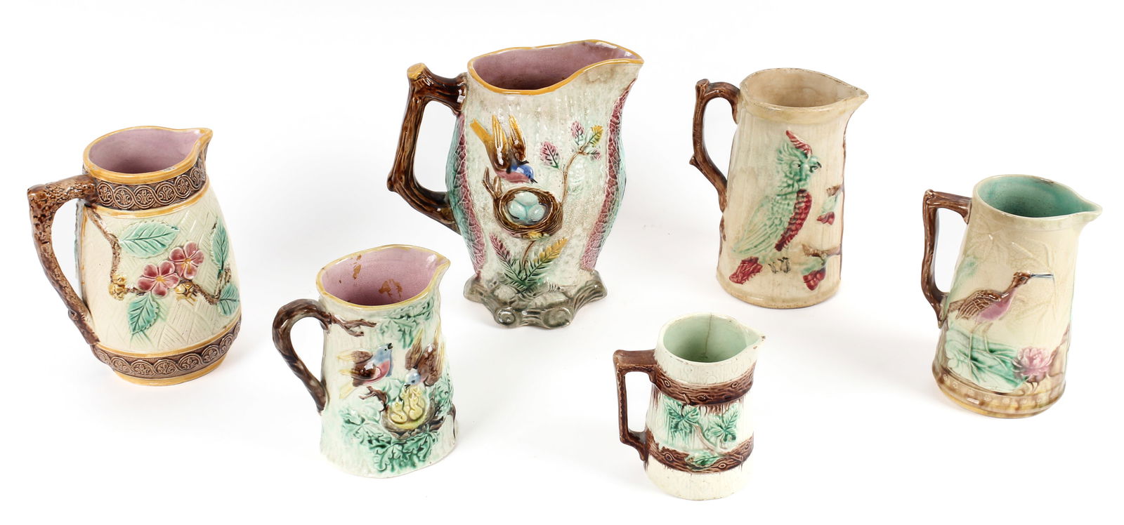 Six Antique Majolica Pottery Pitchers, Flamingo, Parrot, Robin etc (1 of 5)