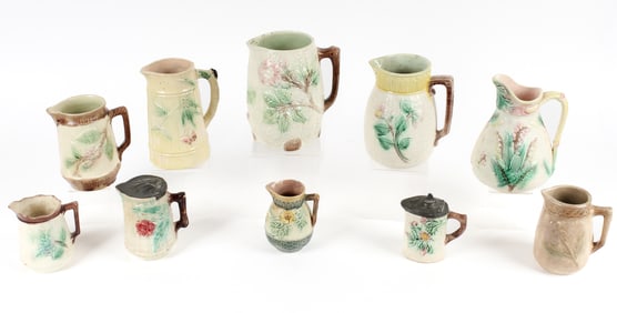 Ten Antique Majolica Pottery Pitchers Incl. Griffen Smith & Hill Etruscan