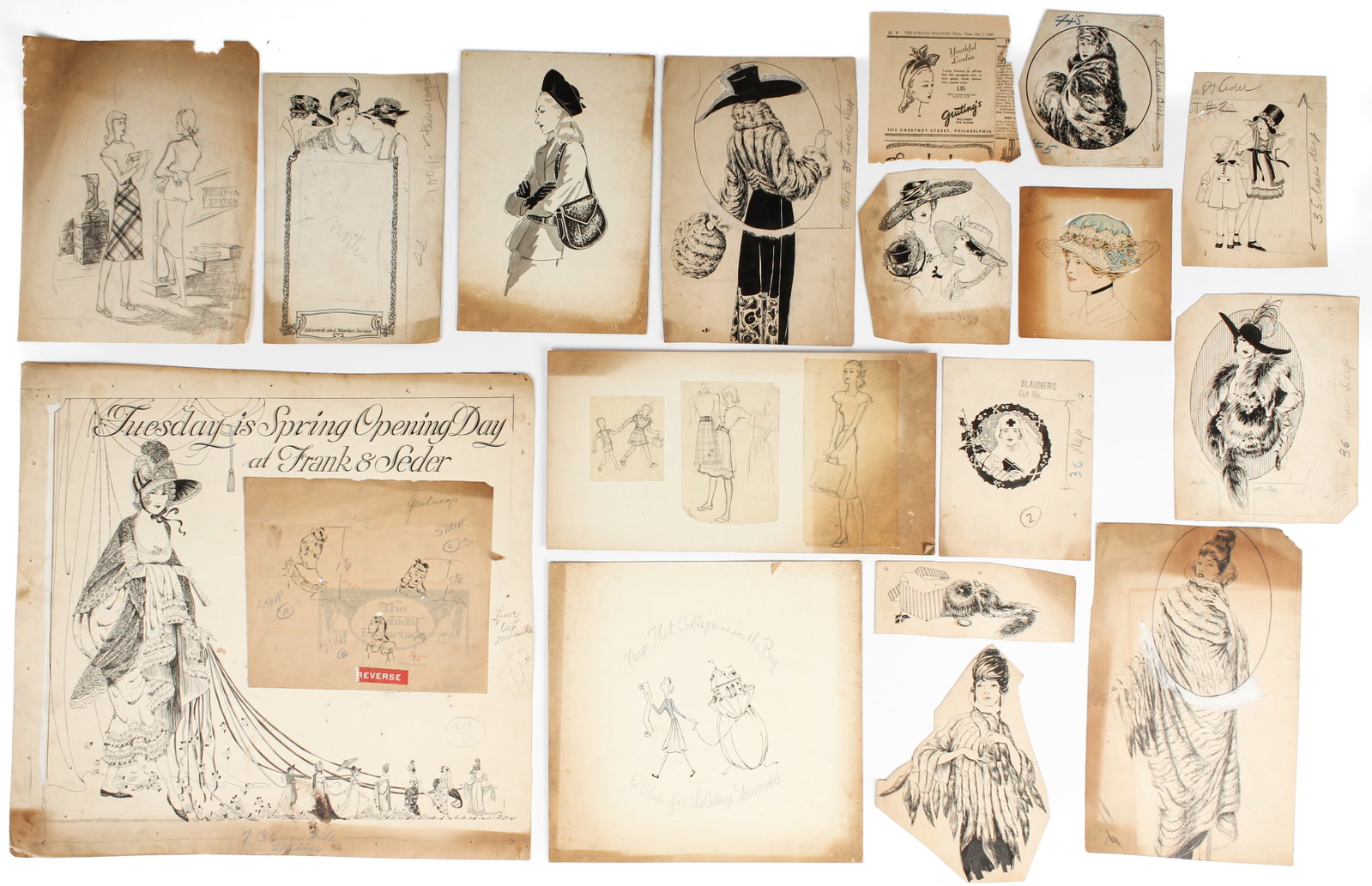Philadelphia-Related 1940s Fashion Illustration Drawings: Description: A group of Philadelphia-related fashion advertising drawings produced for Grant's Department Store, Blauner's Department Store, and Frank & Seder Department Store ads in newspapers and pr
