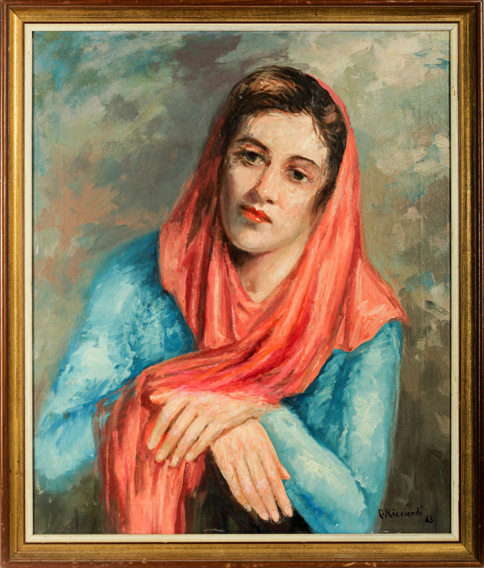 Cesare Ricciardi (American, 1892-1973) Portrait, Impressionist Style Oil on Canvas Painting: Description: An Impressionist style portrait of a young woman by Philadelphia artist Cesare Ricciardi. Type: Painting Materials: Oil on canvas Markings & Inscriptions: Signed & dated bottom right Date