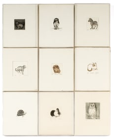 Christine McGinnis (American, 1937-2019) Nine Framed Etchings, Owl, Zebra, Hare, Kitty, Etc.
