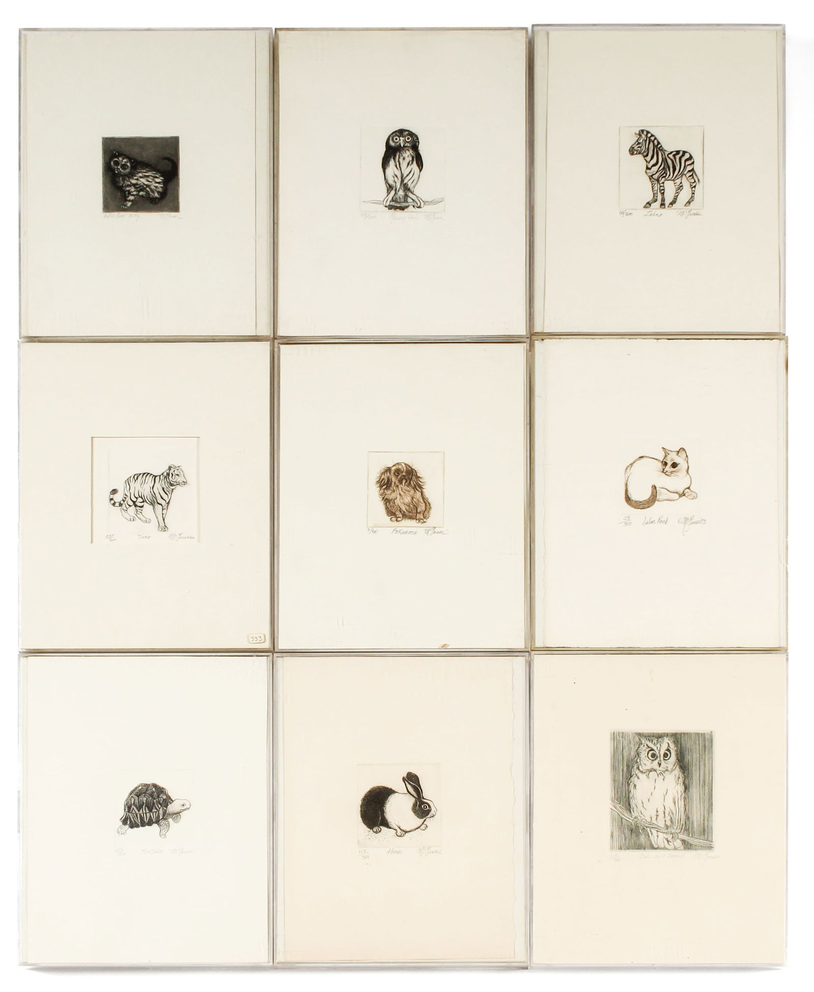 Christine McGinnis (American, 1937-2019) Nine Framed Etchings, Owl, Zebra, Hare, Kitty, Etc. (1 of 4)