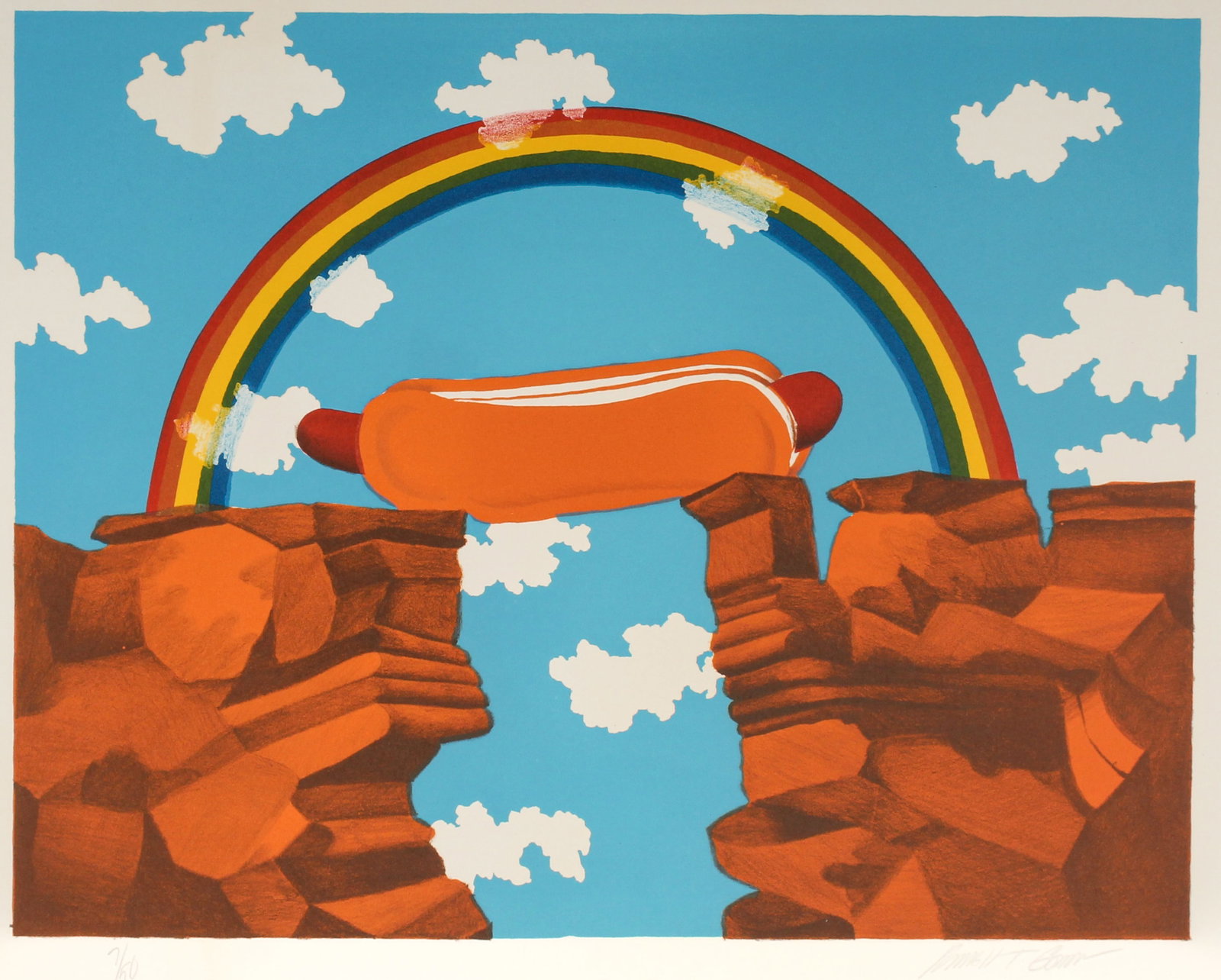 Russell T. Gordon (American, 1936-2013) Hot Dog Rainbow, Lithograph: Description: A lithograph on paper depicting a hot dog positioned across a canyon, beneath a rainbow. Type: Lithograph Materials: Wove paper Markings & Inscriptions: Signed and numbered Date: Mid to l