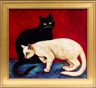 Christine McGinnis (American, 1937-2019) Black & White (Cats), Acrylic on Panel Painting