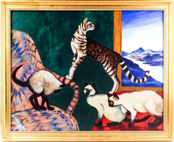 Christine McGinnis (American, 1937-2019) Cats, Acrylic on Panel Painting