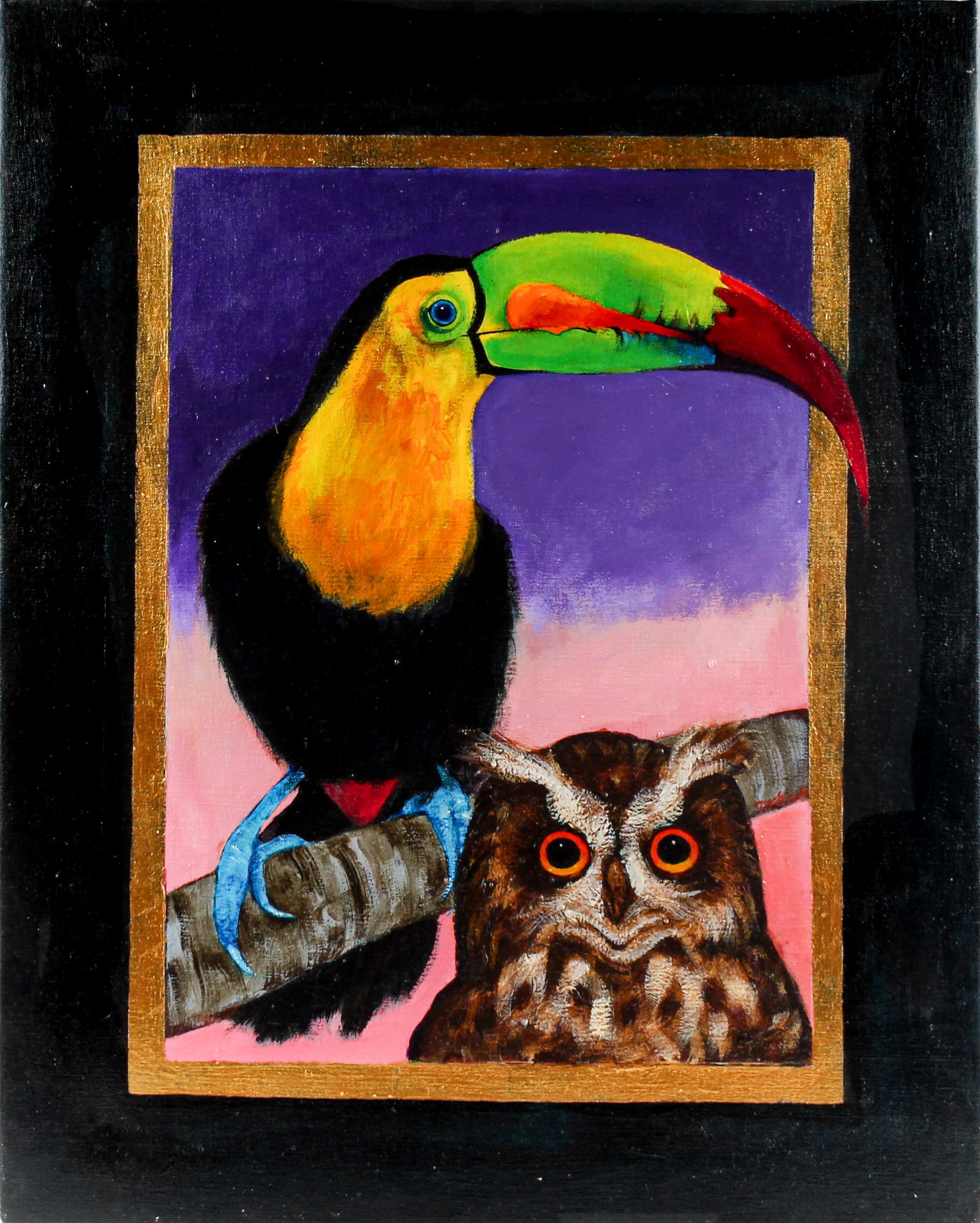 Christine McGinnis (American, 1937-2019) Toucan and Owl, Acrylic on Canvas Painting: Description: An acrylic on canvas painting depicting a toucan and owl within a gold border. Type: Painting Materials: Acrylic on canvas Markings & Inscriptions: Signed bottom-center right Date: Mid to