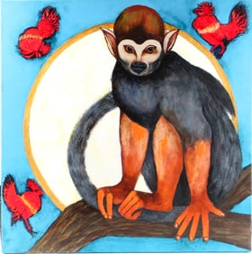 Christine McGinnis (American, 1937-2019) Monkey With Chinese Chickens, Acrylic on Canvas Painting