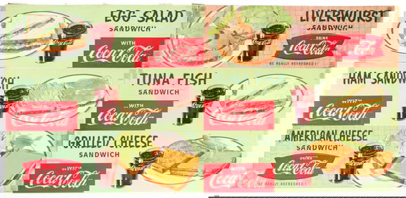 Six 1950s Vintage Coca-Cola Diner Advertising Signs / Channel Cards, Sandwiches
