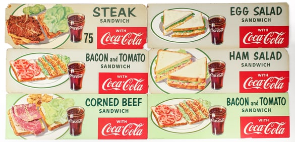 Six Vintage 1950s Coca-Cola Diner Advertising Signs / Channel Cards, Sandwiches