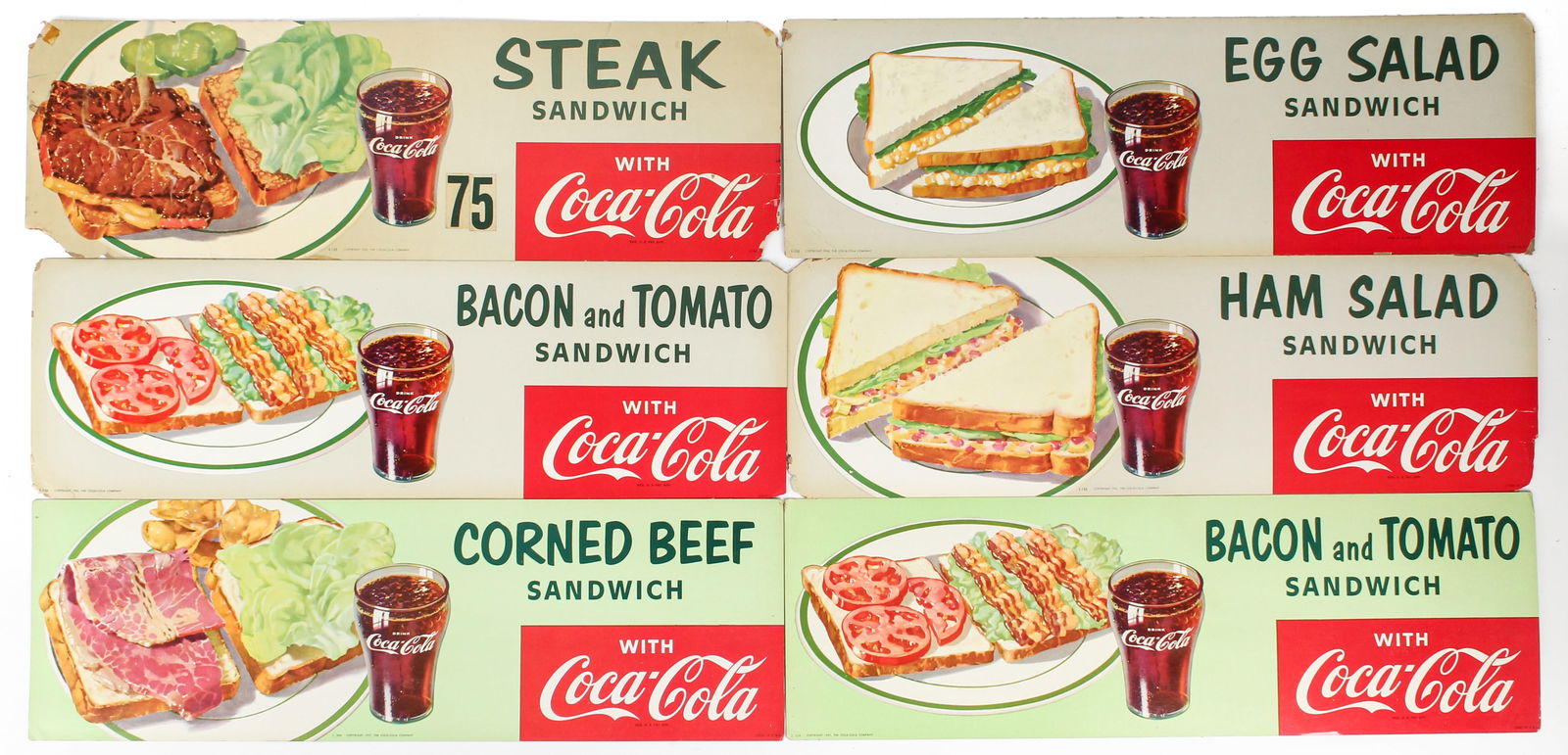 Six Vintage 1950s Coca-Cola Diner Advertising Signs / Channel Cards, Sandwiches (1 of 6)
