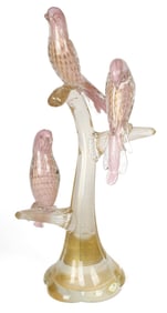 Large Murano Art Glass Aventurine & Pink Birds Perched On Tree Sculpture