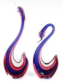 Pair Seguso Murano Art Glass Swan Sculptures, Mid Century