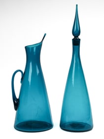 Mid 20th Century Blenko American Art Glass Pitcher and Decanter Bottle